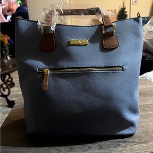 Joy & Iman Periwinkle Blue Tote with Brown Accents.
